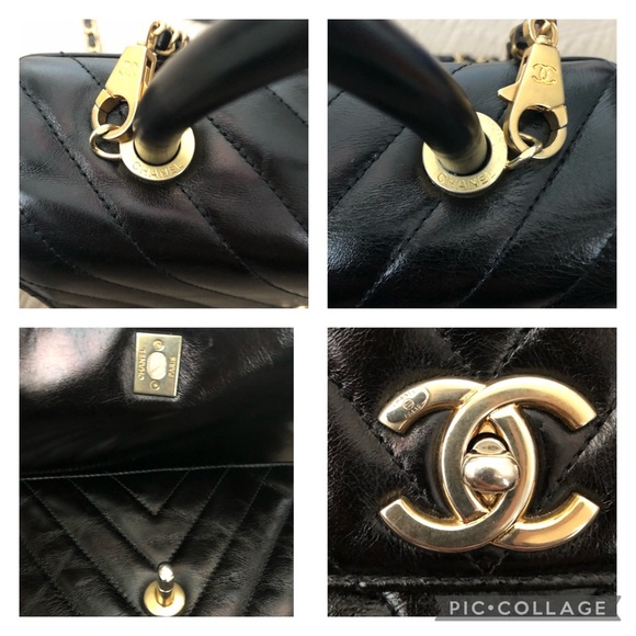Chanel Coco top handles chevron Iridescent calfskin Leather flap small size bag. - Picture 10 of 17